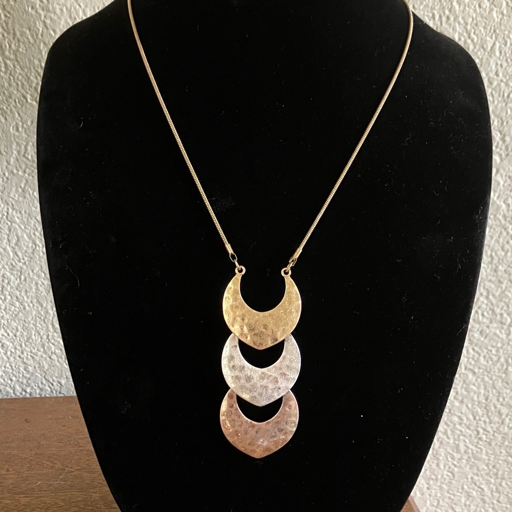 Lucky Brand Tri-Tone Gold and Silver Stacked Crescent Pendant Drop Necklace